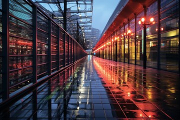 Fototapeta premium A Modern Pedestrian Bridge Over Rainy City Streets Glowing with Neon Lights at Twilight