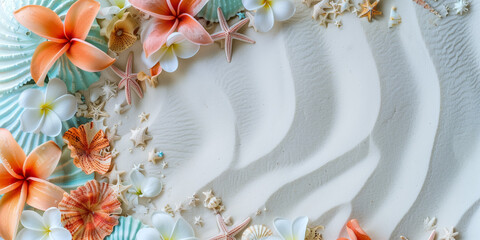 Colorful seashells and flowers arranged on pristine sandy beach