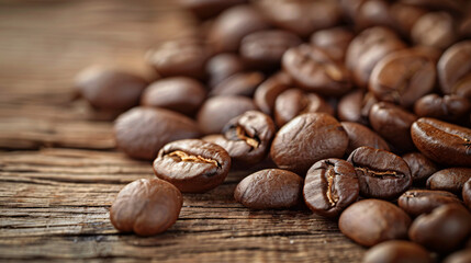Many roasted coffee beans on wooden table closeup