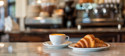 Fresh croissant and coffee on a table in a cozy café