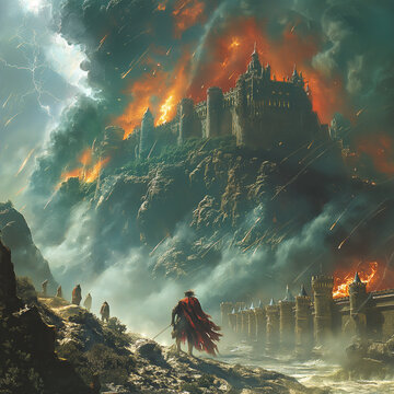 Un personnage chevalier de dos avec une tenu en lambeau qui est face &agrave; une ville en feu sur une montagne