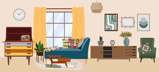 Retro living room interior with couch, colorful pillows, cupboard, lamp, potted plant, coffee table, armchair, chest of drawers. Cozy apartment with mid century modern furniture. Vector illustration.