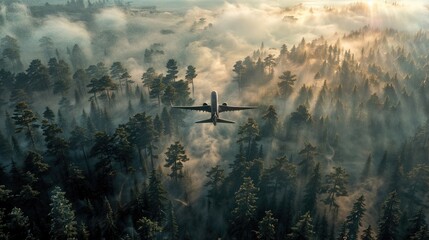 A plane flying over a forest covered in fog - Powered by Adobe