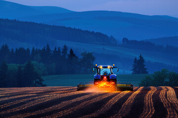 Obraz premium Tractor plowing darkened fields, night sky and farming operations in rural area.