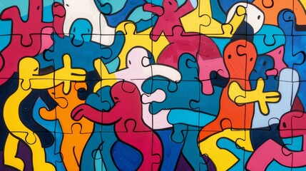 Colorful puzzle artwork with diverse people for interior design or wall decor