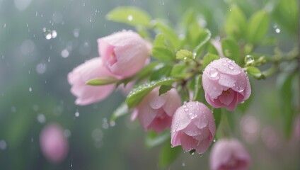 A branch of pink rosebuds with raindrops on the petals.

