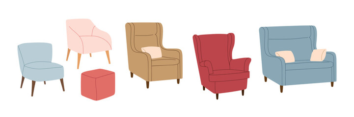 Chair set. Modern furniture Fashionable armchairs, sofa, ottoman for home interior. Comfy chairs. Hand drawn Flat vector illustration isolated on white background. Fashionable Furniture for Home.