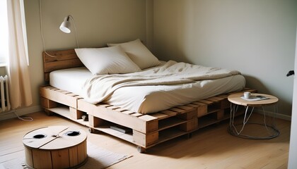 Bright apartment with pallet bed and cable spool table