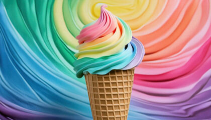 A vibrant, colorful swirl of rainbow ice cream served in a classic waffle cone	