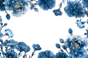 Vintage drawing sketch carnation flowers in dark blue, framing on the white background with nothing in the center