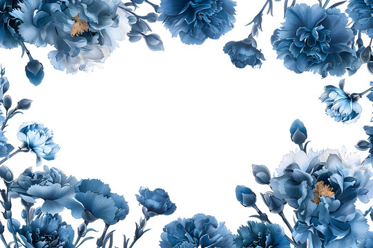 Vintage drawing sketch carnation flowers in dark blue, framing on the white background with nothing in the center