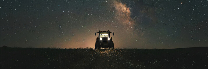 Tractor plowing darkened fields, night sky and farming operations in rural area.