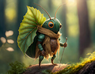 tiny green humanoid cute beetle with a needle carrying a big green leaf in the forest. Fairlytale stories for kids	