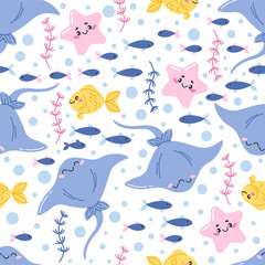 Children's vector seamless pattern with cute cartoon sea stingray and fish. Marine animals, ocean fish. Perfect for baby bedding, wallpaper, wrapping paper, fabric, textiles, T-shirt prints