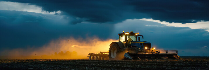 Tractor plowing darkened fields, night sky and farming operations in rural area.
