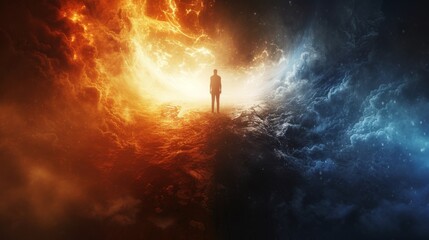 Dramatic composition of a man standing between a fiery and icy universe, symbolizing conflict and duality.