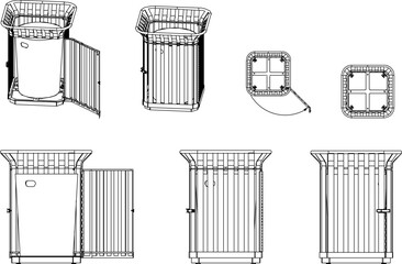 vector illustration, sketch design, image of a trash box container seen from various sides