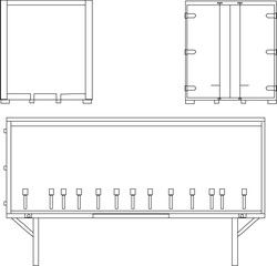 vector illustration, sketch design, image of the rear container of a heavy-duty trailer truck seen from various sides