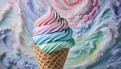 A pastel colorful swirl of rainbow ice cream served in a classic waffle cone	