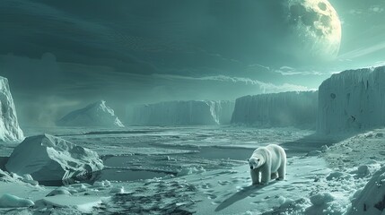 Illustration of a polar bear wandering through an icy Arctic landscape with glaciers and a full moon in the background. Global warming, polar ice melting