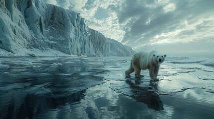 Polar bear standing on melting ice in an Arctic landscape, with towering glaciers and a dramatic sky in the background. Global warming, polar ice melting