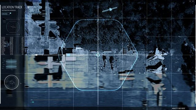 Satellite network camera is flying above the army field. Satellite network locating enemy army position. Satellite network showing the aerial overview of multiple army planes on the ground. Interface.