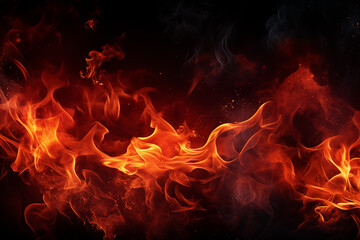 Fototapeta premium Fire flames on black background. Blaze fire flame background and textured