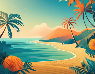 vector illustration of tropical island, palm tree, sunset and sea