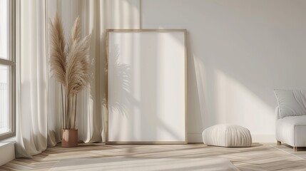 A large white A4 poster frame mockup is leaning against the wall in the middle of a window ledge in a living room. Light wooden frame .