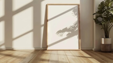  A large white A4 poster frame mockup is leaning against the wall in the middle of a window ledge in a living room. Light wooden frame .