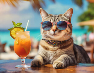 A funny cat in sunglasses sitting front of pub table top relaxing with a glass of cocktail on the beach	