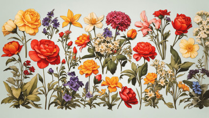 This is a drawing of many different types of flowers against a white background. 