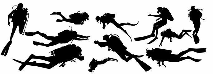 silhouette of scuba diving and free divers. 