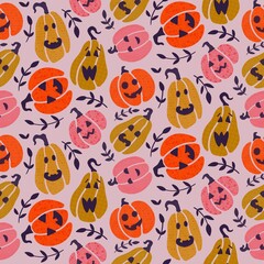 Halloween Jack O Lanterns Botanicals Seamless Pattern