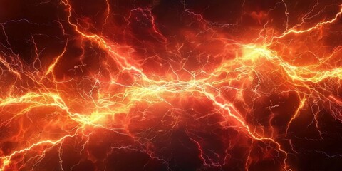 Obraz premium Red lightning background, red thunder with orange electric energy, sky full of dark clouds, dark red orange thunderstorm, red orange lightning effect. electric texture, banner