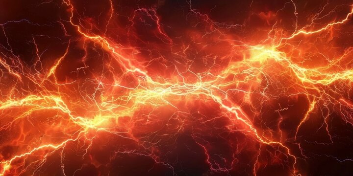 Red lightning background, red thunder with orange electric energy, sky full of dark clouds, dark red orange thunderstorm, red orange lightning effect. electric texture, banner