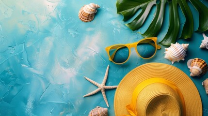 Summer Accessories: Hat, Sunglasses, Starfish, Palm Leaves on Blue Background