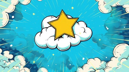 speech bubble comic pop art on a blue background, resembling ethereal cloudscapes, Blue sky background with clouds and stars, Vector illustration for kids, top view copy space
