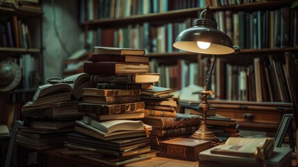 Cozy reading corner with a stack of books and a lamp