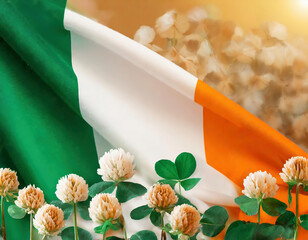 Ireland flag with clover flowers on grunge background