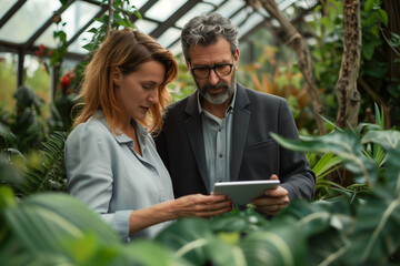 well-groomed man and woman looking at a tablet. Both individuals are aged between 35 and 40 years old. The background of the photo should resemble a garden environment.