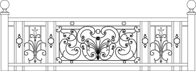 vector illustration sketch design drawing of old iron fence railing classic vintage ethnic traditional floral motif 