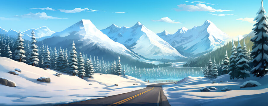 A long and winding road through a snowy mountain pass. The road is bordered by snow-covered trees and mountains. The sky is a clear blue.