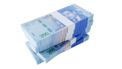 3D Moroccan Dirham isolated on transparent background, Paper money 200 MAD.