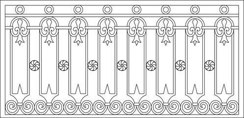 vector illustration, sketch design, drawing of a classic vintage European model of old iron fence railing