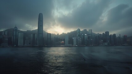 Hong Kong Victoria harbour skyline, future light 