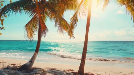 Fototapeta premium Two Palm Trees on Caribbean Beach With Ocean Background