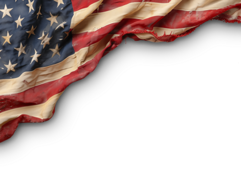Closeup ruffled American flag isolated on transparent background. Generative AI