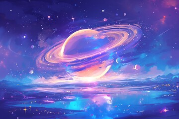 galaxy with a ring made out colorfull gas, with watercolor in water patern, all soft , style of candyland, 3d rendered , use prominent color orange neon and gold, pastell background, Use marshmellow a