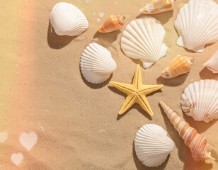 summer vacation concept. seashells and starfish on sand with bokeh and heart lights.  top view. flat lay. copy space for your text 